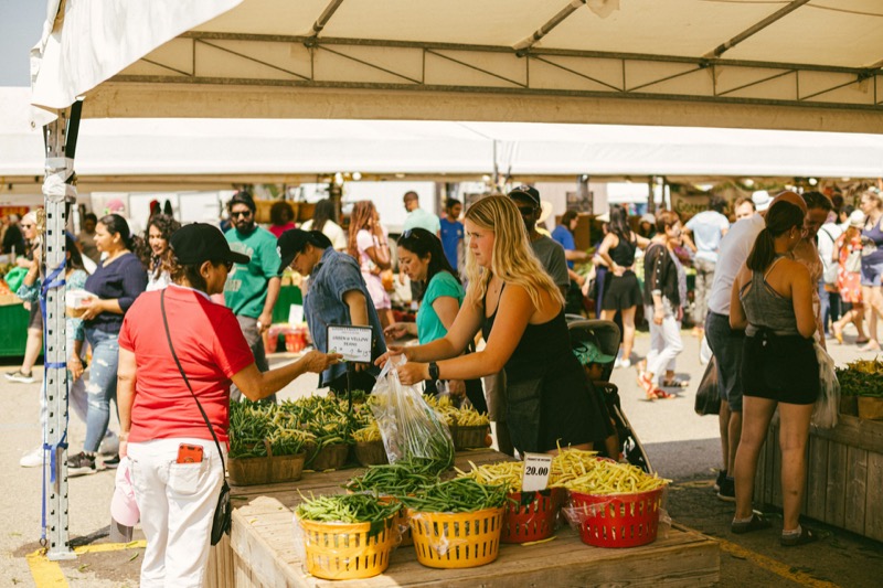 Neighbours shopping for fresh produce at a busy Ontario farmers' market